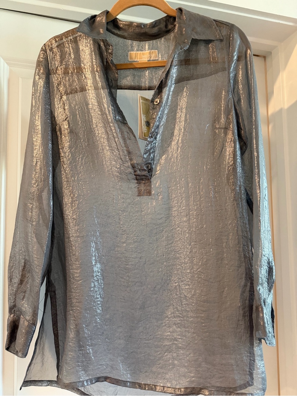 Michael Kors Sheer Metallic Long-Sleeve Men's Shirt - Silver